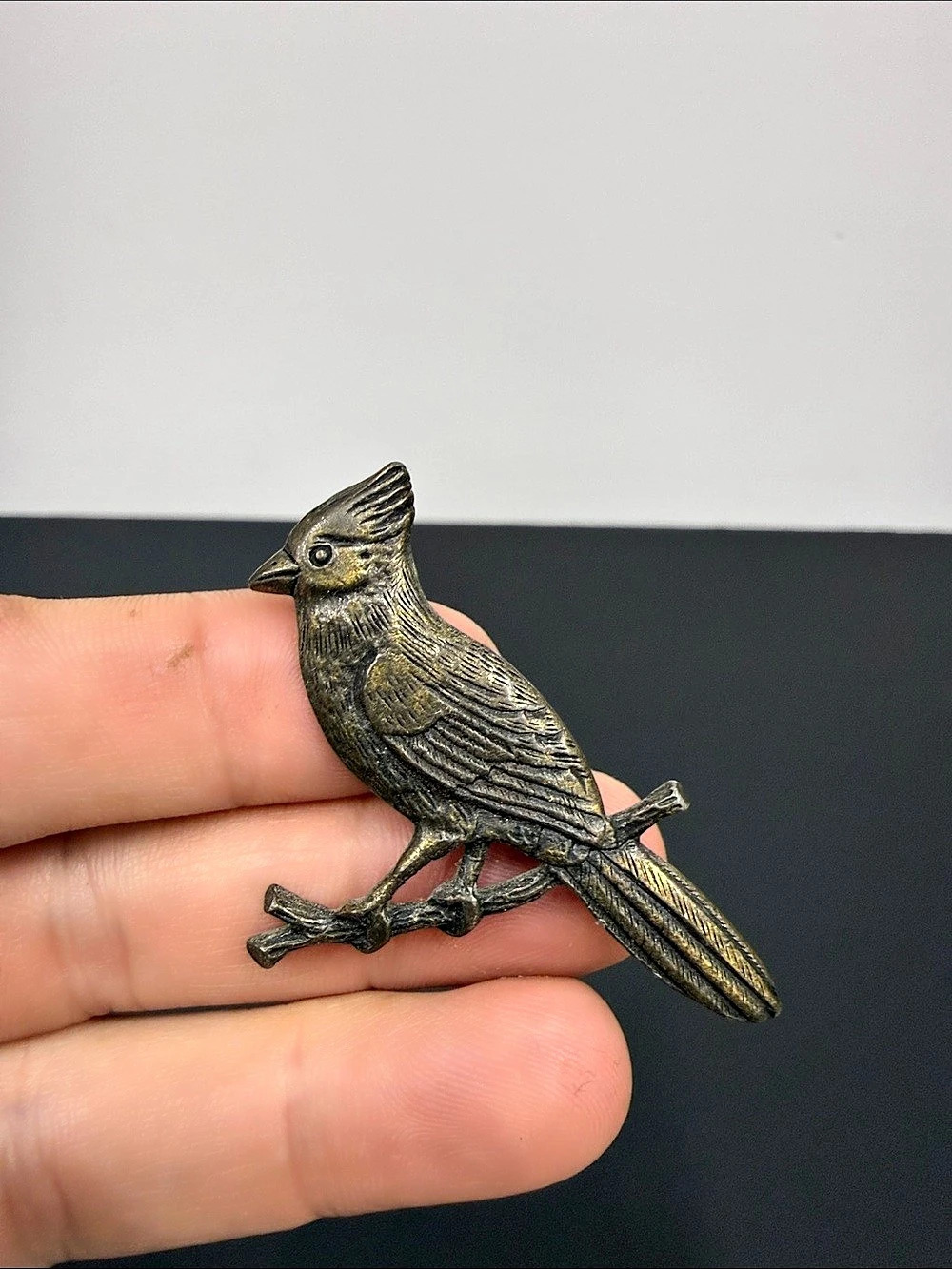Vintage Style Cardinal Bird on Branch Brooch – Antiqued Brass Tone Figural Pin